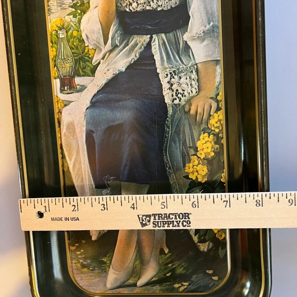 1973 Coke Tray Coca Cola Vintage Tin Rolling Serving Long Woman Glass Blue Hat